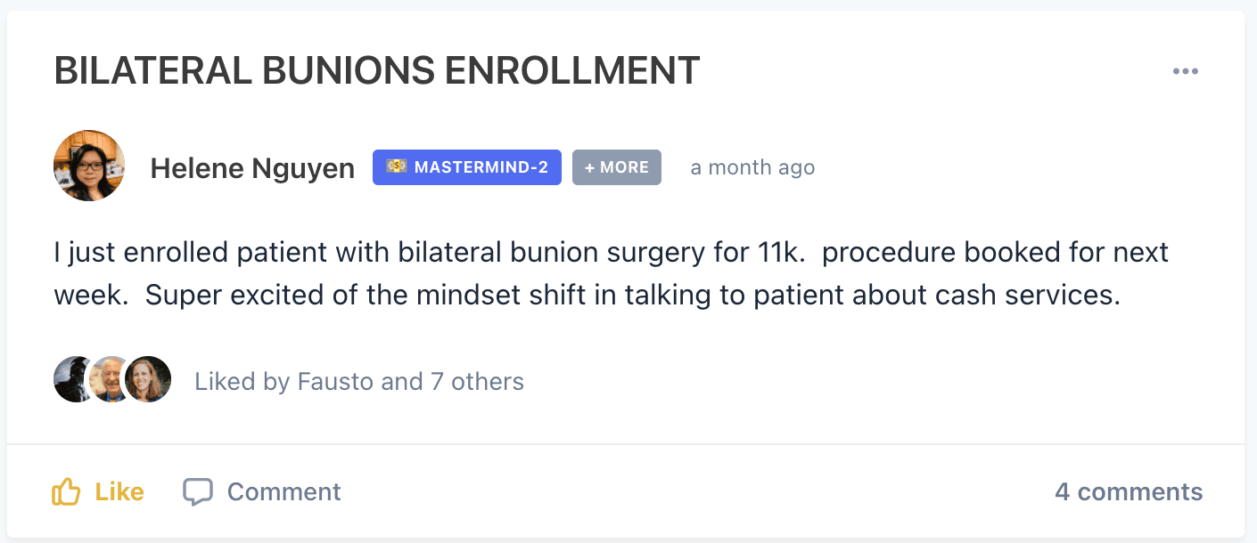 Screenshot: Helene N., $11,000. Cash pay. One consult.