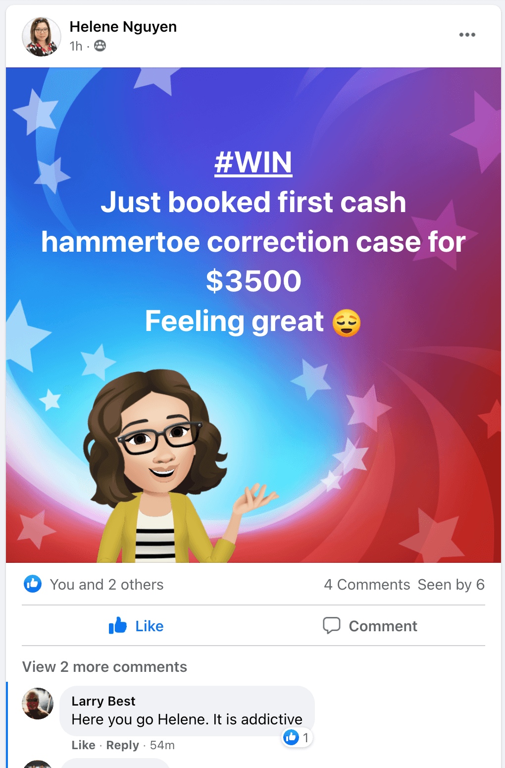 Screenshot: Helene N., $3,500 cash procedure. Booked same day.