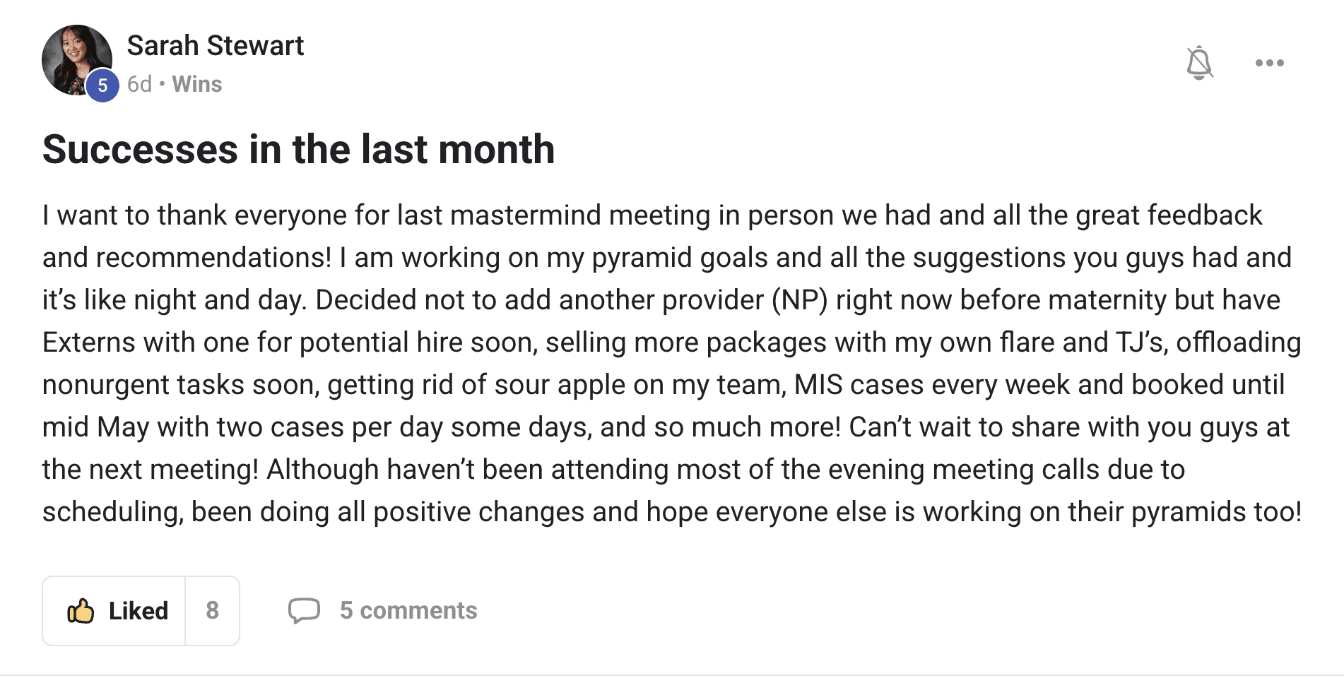 Screenshot: Sarah S., The success report from a full year in.