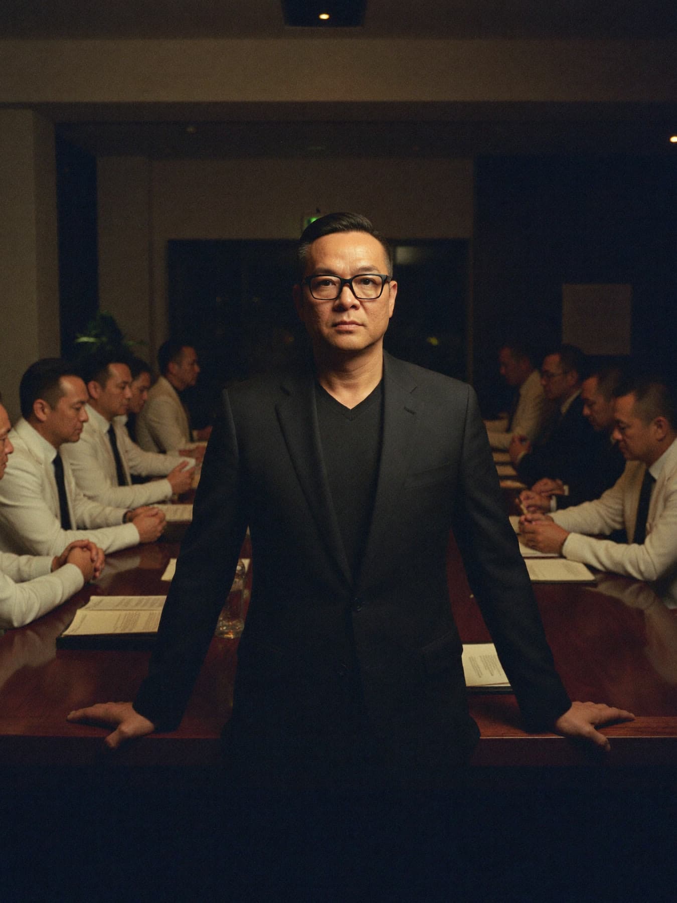 Dr. TJ Ahn standing at the head of the Syndicate boardroom table, doctors seated around him